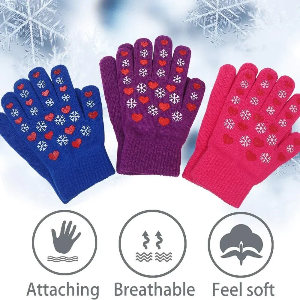 Kids Winter Gloves,3 Pairs Knit Warm Stretch Gripper Children Magic Glove for Bo
